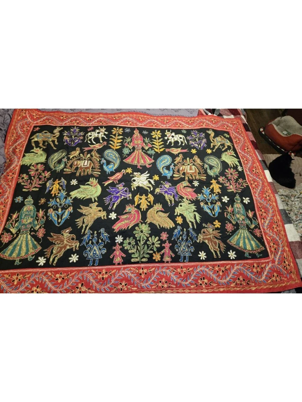 Vintage Gujarati Tapestry Kutch Embroidered Folk Art Wall Hanging Indian 57x42